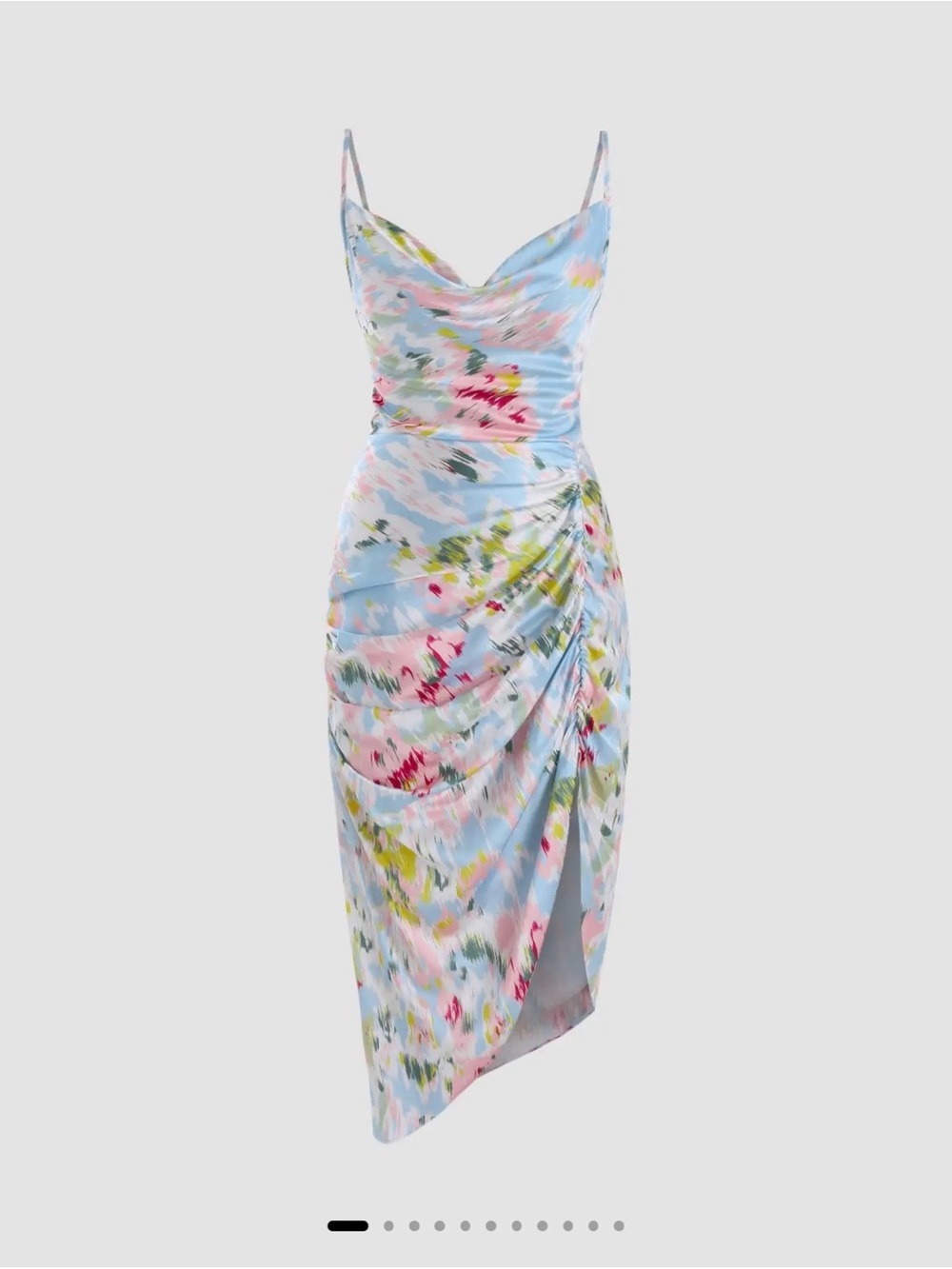 Cider ILLUSION FLORAL RUCHED COWL NECK MIDI DRESS
